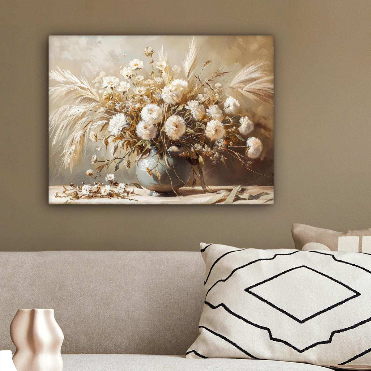 LEINWANDBILD Blumen - Vase - Stilleben - Beige 40x30 cm - Creme, Textil (40/30cm) - MuchoWow