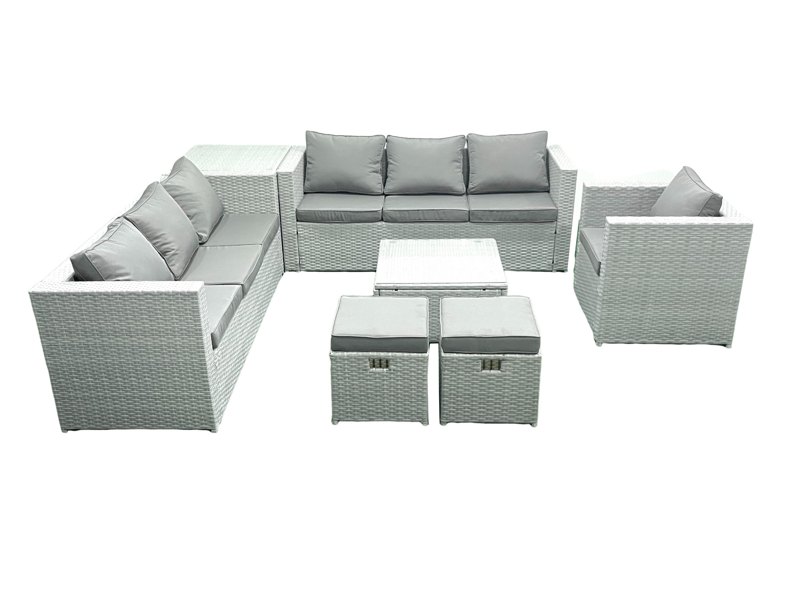 GARTENMÖBEL-SET mit Kissen Polyrattan Hellgrau-Mix 9-Sitzer - Hellgrau/Grau, Glas/Kunststoff - Fimous