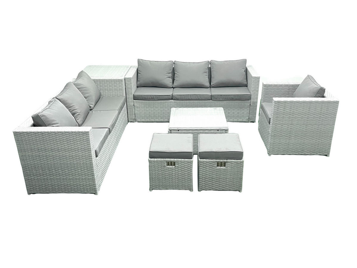 GARTENMÖBEL-SET mit Kissen Polyrattan Hellgrau-Mix 9-Sitzer - Hellgrau/Grau, Glas/Kunststoff - Fimous