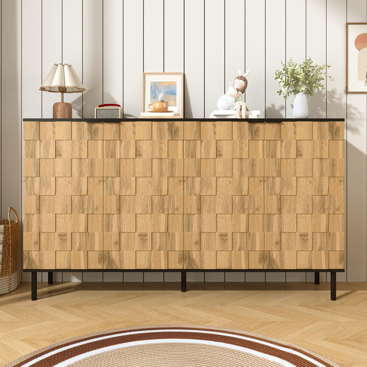 SIDEBOARD aus Spanplatte 160x35x80,5 cm Natur/Schwarz mit 2 Türen, festen Fächern und Mosaikfront - Naturfarben, Holzwerkstoff (160/80/35cm) - Modfu