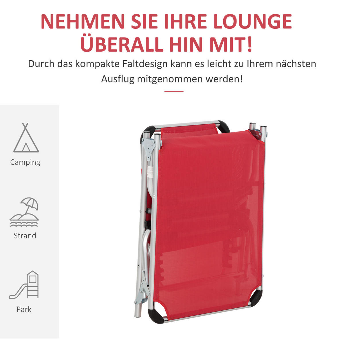SONNENLIEGE aus Aluminium 165x60x76 cm in Rot mit 4-fach verstellbarer Rückenlehne - Rot, Metall (60/76/165cm) - Modfu