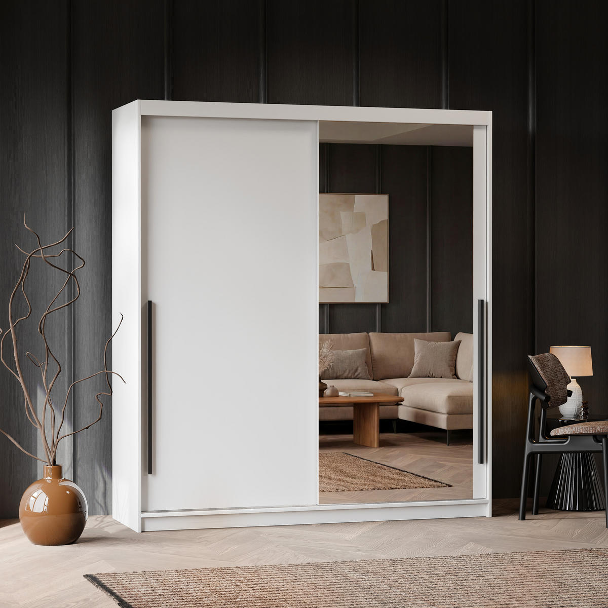 SILENTE 180 cm Schiebetürenschrank mit Einlegeböden und Kleiderstange - Weiß, Holzwerkstoff (180/205/60cm) - Idohome