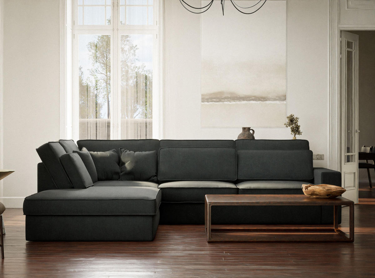 ECKSOFA Kirou Türkis Webstoff - Links Seite - Türkis/Schwarz, Holz/Holzwerkstoff (225/311cm) - Maison de Reve