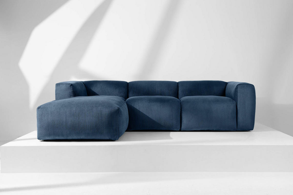ECKMODULSOFA-LINKS BUFFO mit extrem weicher und bequemer Sitzfläche, Kordstoff, marineblau - Blau/Grün, Textil (297/180cm) - KONSIMO®
