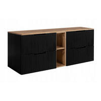 WASCHBECKUNTERSCHRANK VENA 140 cm mit Arbeitsplatte Farbe: Eichen Craft mit einem Regal Gerillte Vorderseite Matt Schwarz - Eichefarben/Schwarz, Holzwerkstoff (140/58/46cm) - Rodan