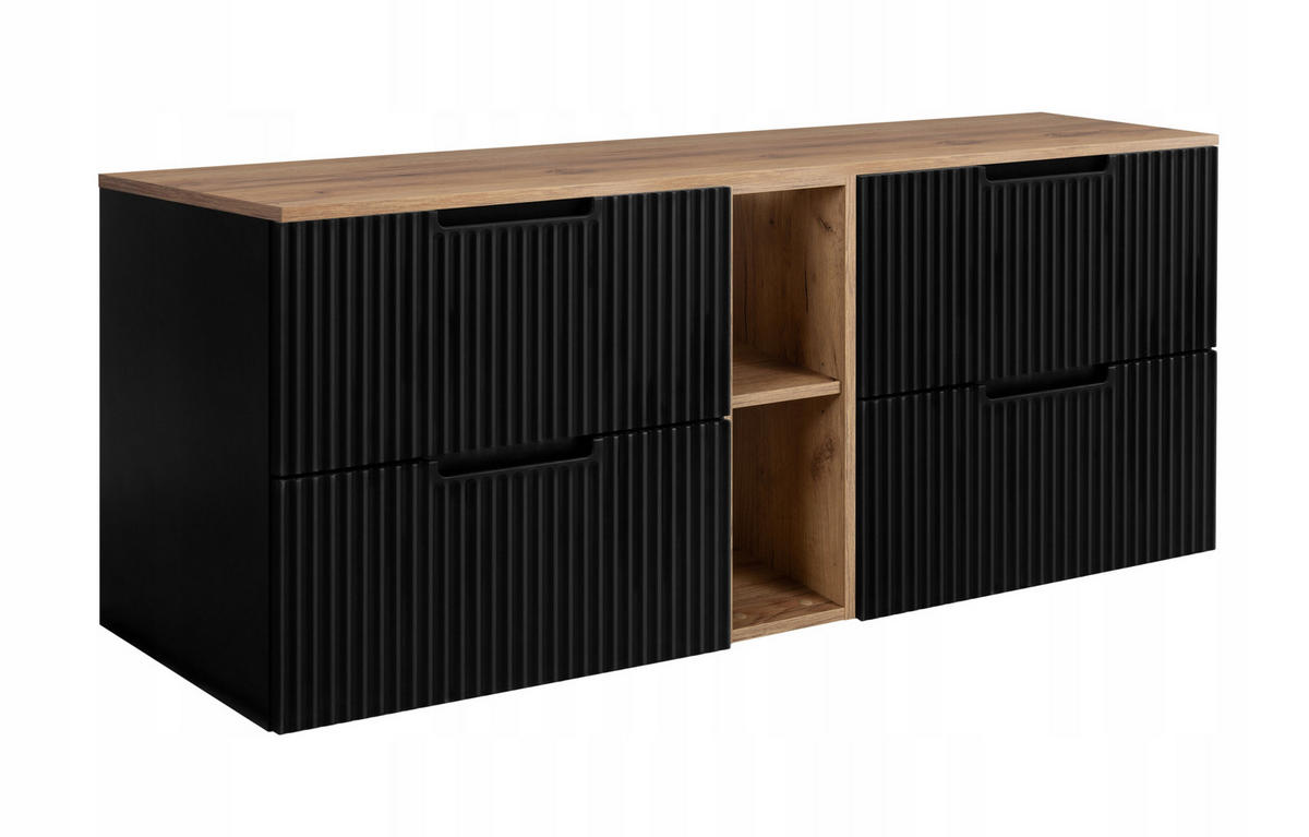 WASCHBECKUNTERSCHRANK VENA 140 cm mit Arbeitsplatte Farbe: Eichen Craft mit einem Regal Gerillte Vorderseite Matt Schwarz - Eichefarben/Schwarz, Holzwerkstoff (140/58/46cm) - Rodan