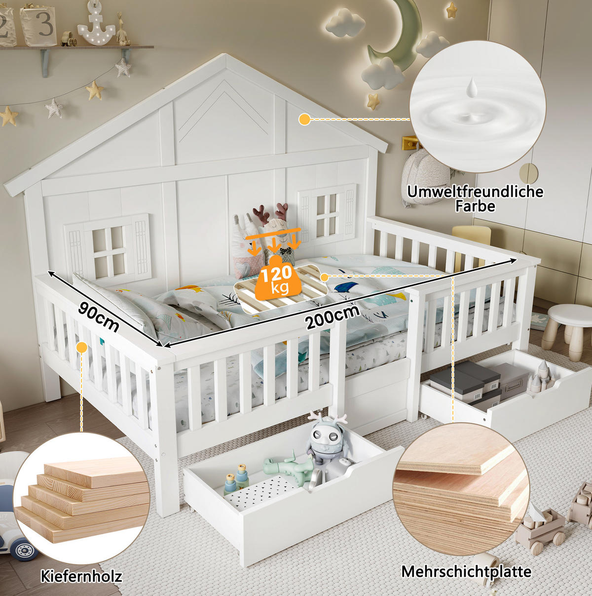 KINDERBETT 90/200 cm Weiß aus Kiefer und MDF mit Dach, Fenstern und 2 Schubladen - Weiß, Holz (90/200cm) - OKWISH