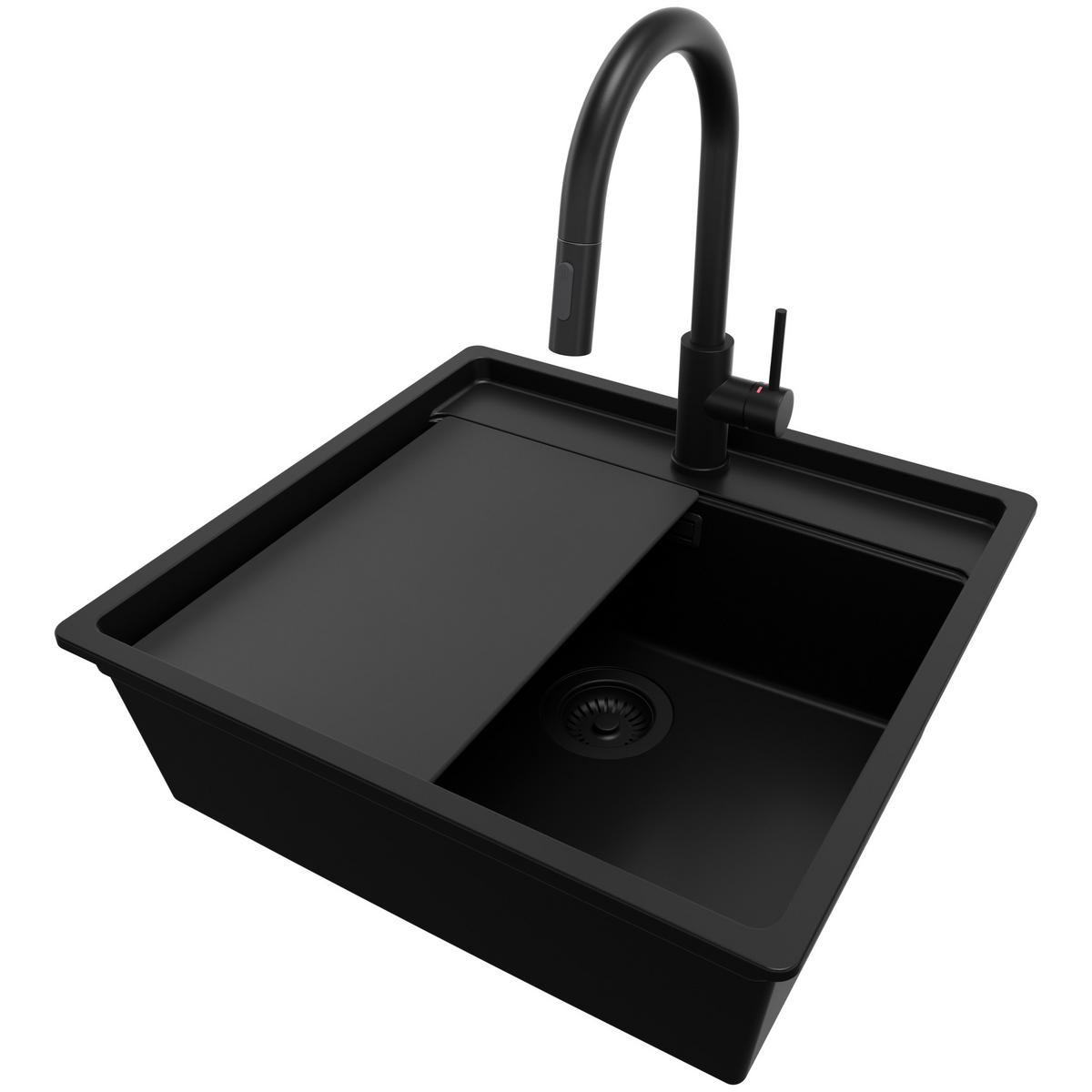 GRANITSPÜLE Bergen, 2-er set Alles Schwarz 56/53 cm 1 Becken + Küchenarmatur 40/20 cm + Ablauf-Set + Schneidebrett ab 60er Unterschrank - Schwarz, Kunststoff (56/20/53cm) - Primagran