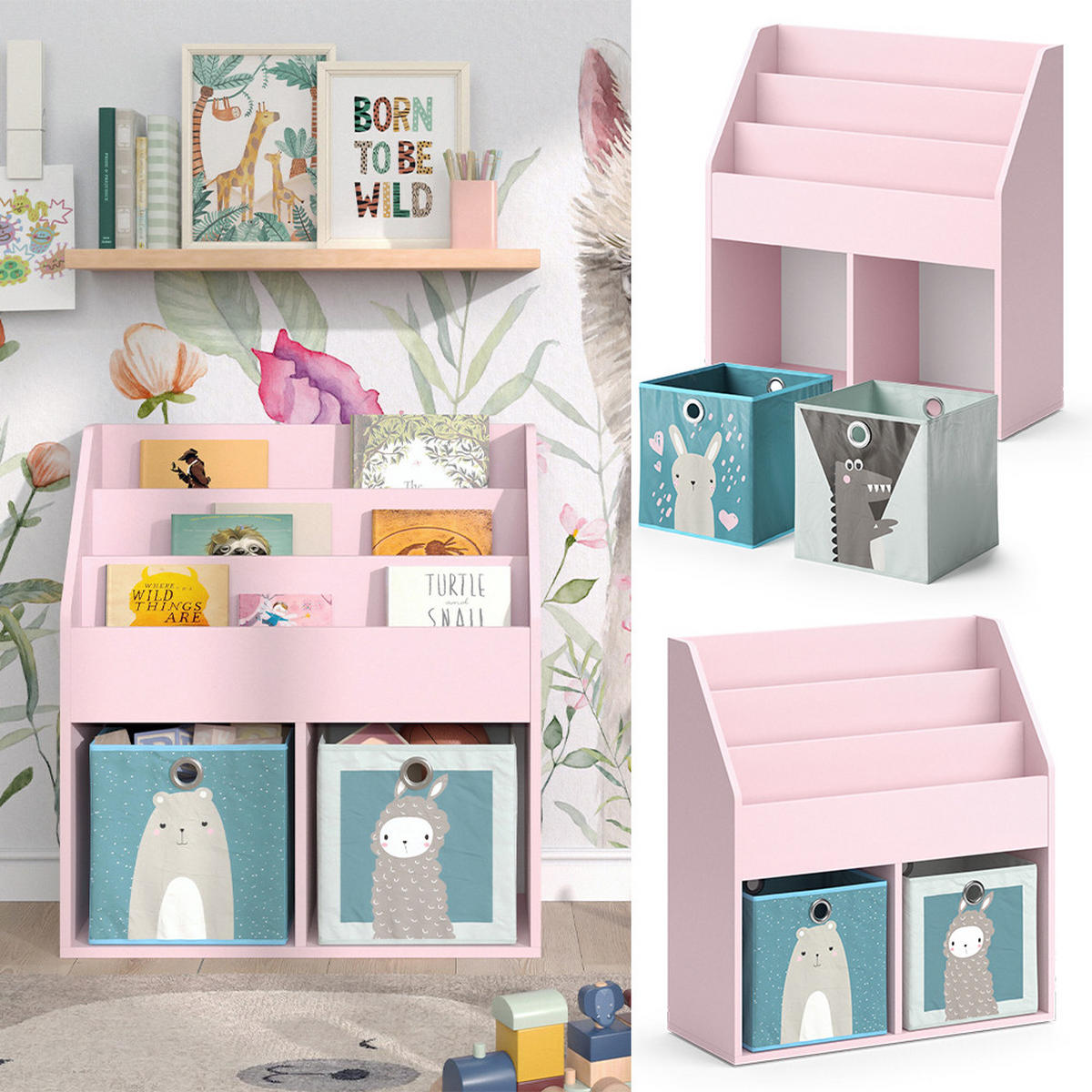 KINDERREGAL Luigi Rosa 72 x 79 cm mit 2 Faltboxen (Bär, Schaf) - Pink, Holzwerkstoff (72/79/30.7cm) - Vicco