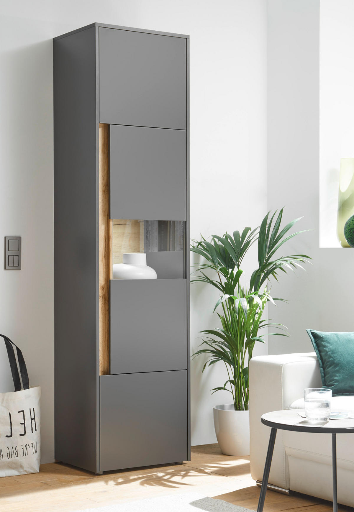 AKTENSCHRANK Grau, Eiche Wotan 50 x 200 cm, Büroschrank mit viel Stauraum und 5 OH - Eiche Wotan/Schwarz, Glas/Holzwerkstoff (50/200/40cm) - Furn.Design