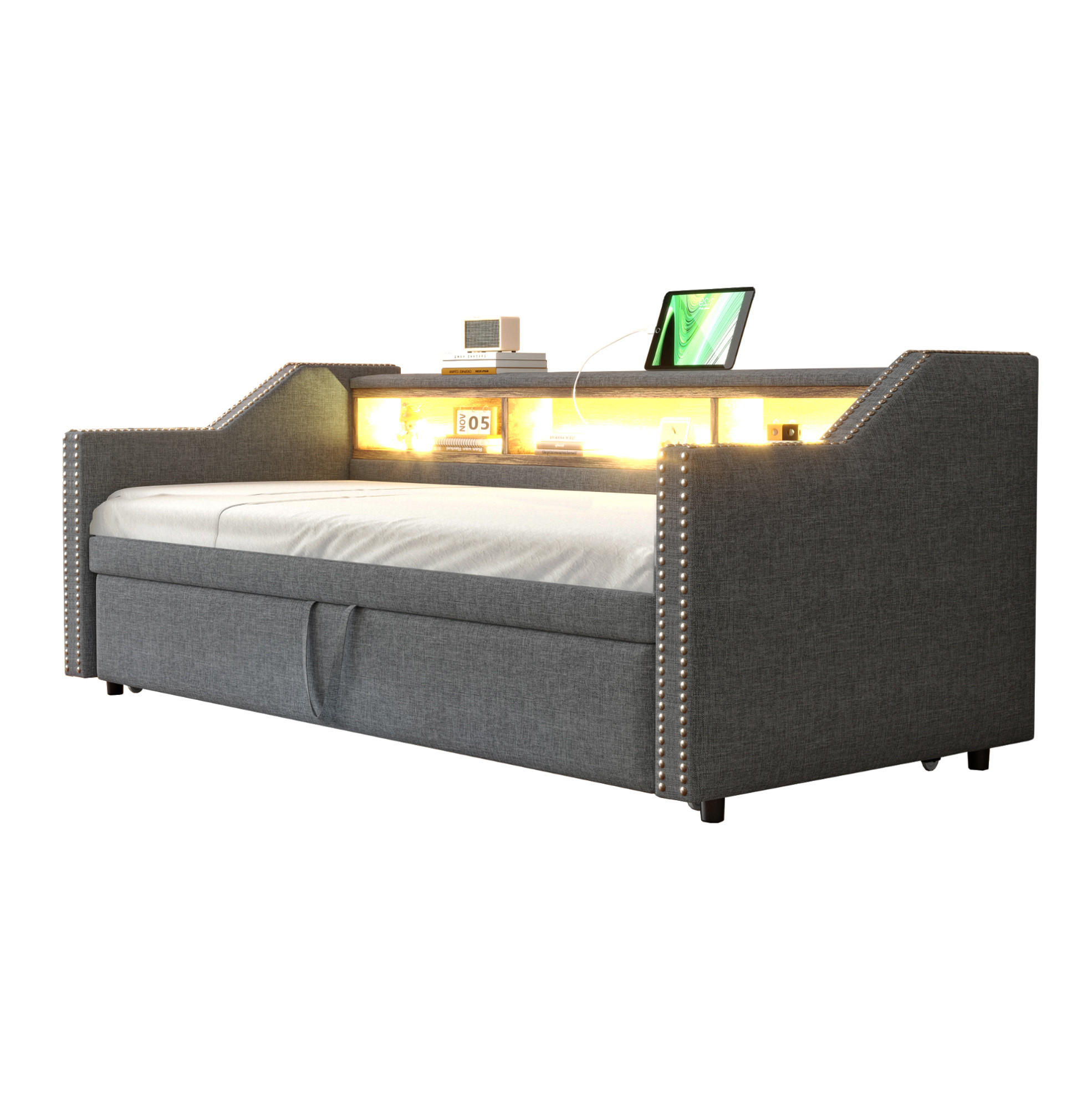 ROZKLÁDACÍ pohovka 90/180 x 190 cm tmavě šedá z lněné tkaniny s LED a USB - tmavě šedá, textil (90/190cm) - OKWISH