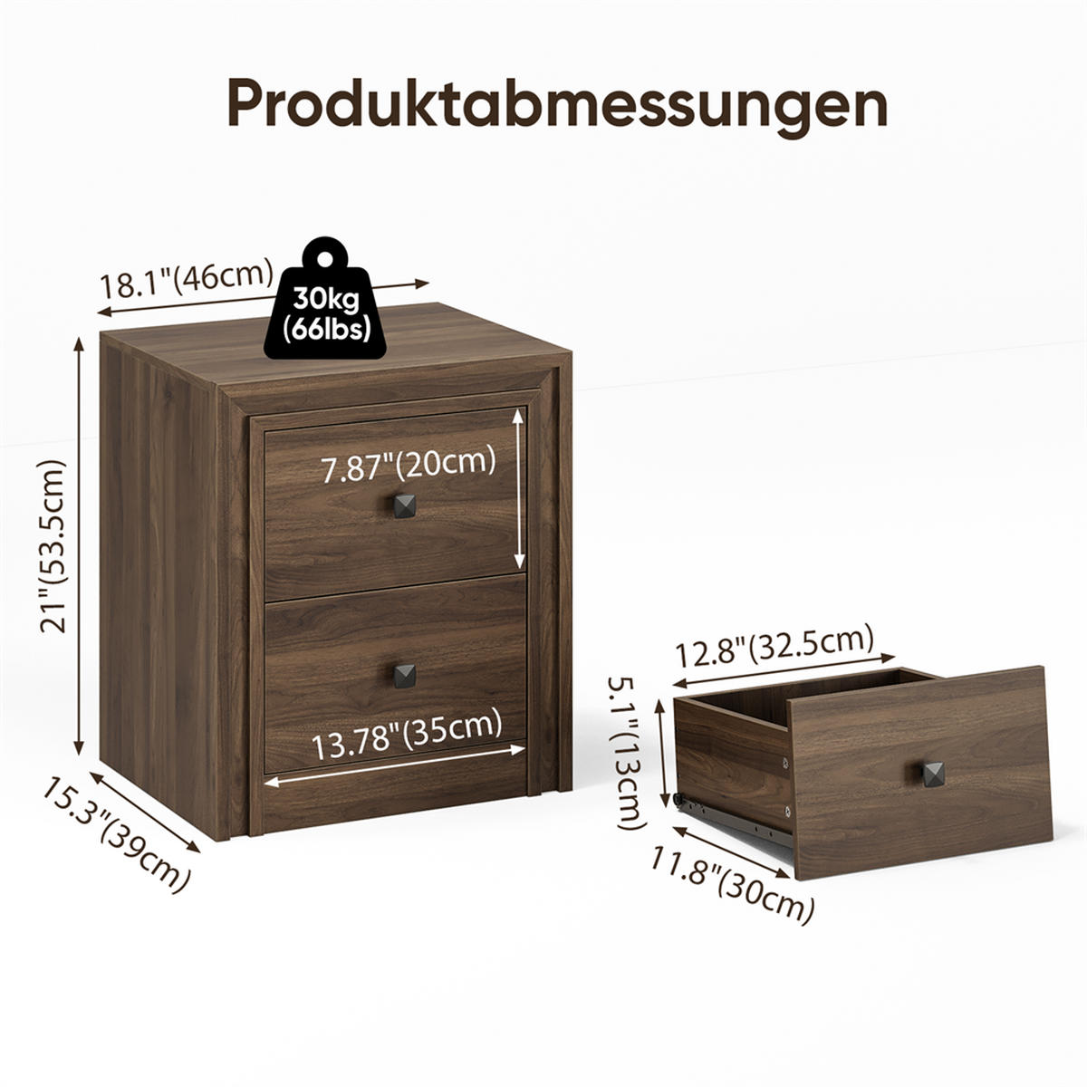 NACHTTISCH 46x39x53,5 cm mit 2 Schubladen und 2 schwarze Griffe - Mid-Century Design - Walnuss-Optik - Walnussfarben, Holzwerkstoff (38/53.5/48cm) - DELFA