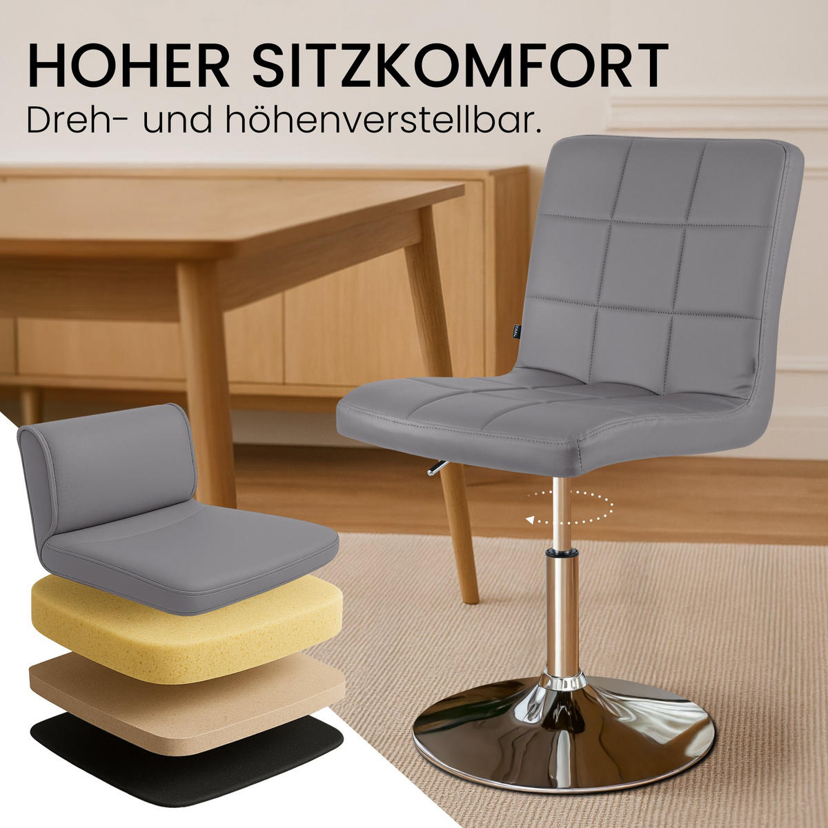 DREHSTUHL Lederlook Grau - Chromfarben/Grau, Textil/Metall (44/81/55cm) - CLP