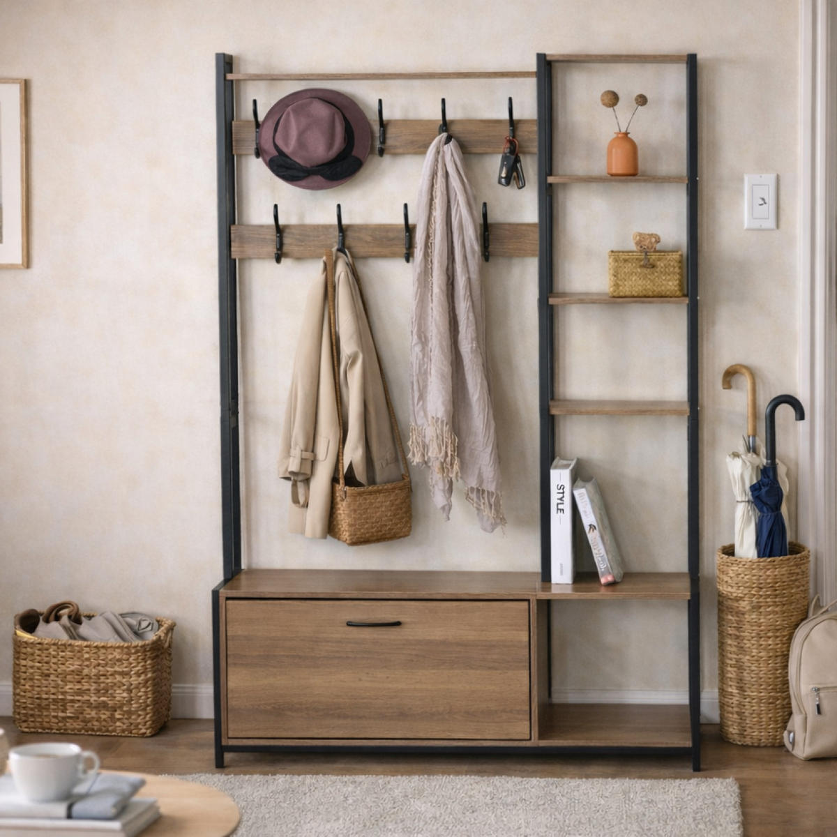 GARDEROBE Manti in Nussbaum und Schwarz 182 x 120 cm - Schwarz, Holzwerkstoff (120/11/46cm) - Concept Usine