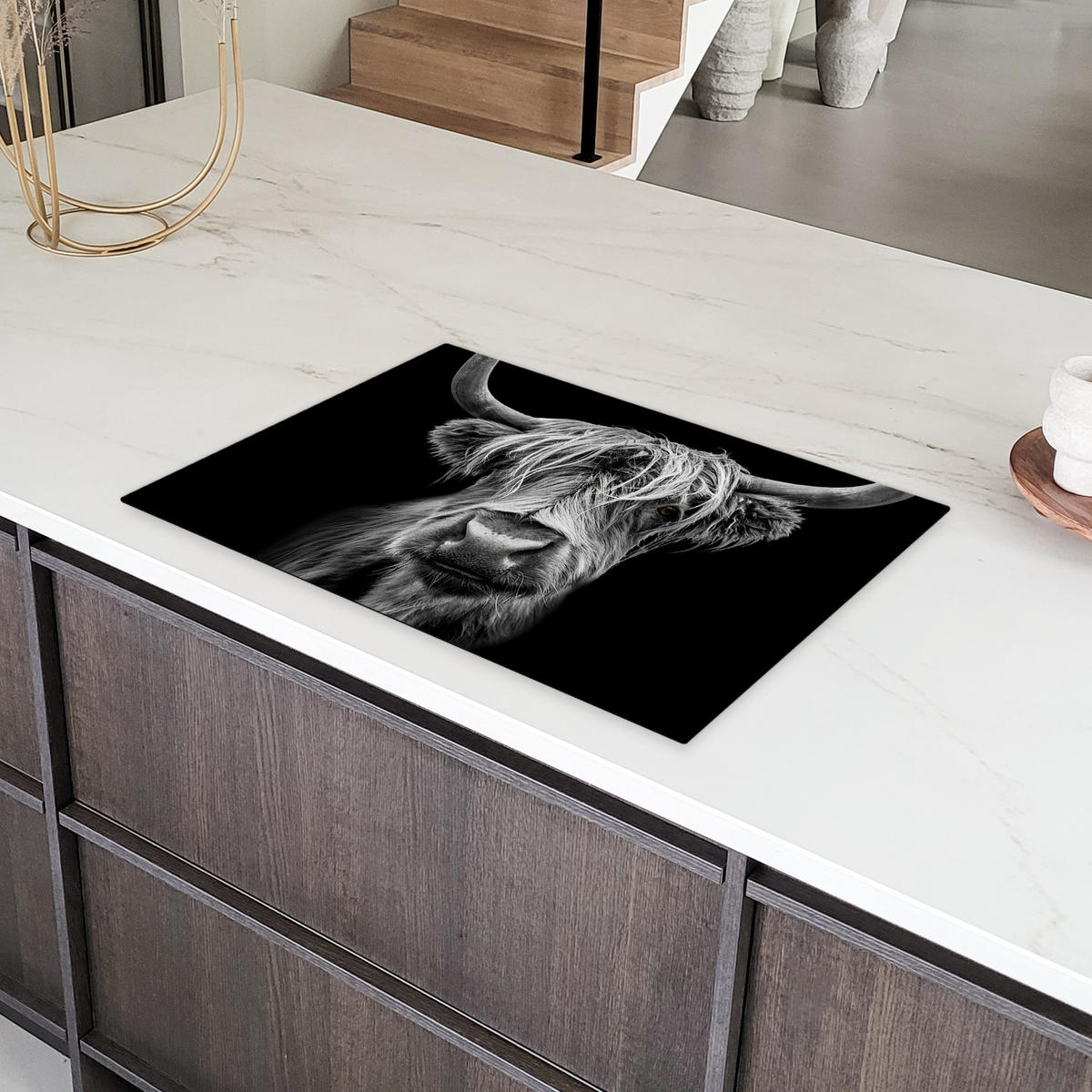 HERDABDECKPLATTE Schottischer Highlander - Hörner - Schwarz - Weiß - Kuh - Wild - Tiere Ceranfeldabdeckung 76x51.5 cm - Schwarz, Kunststoff (76/51.5/0.2cm) - MuchoWow