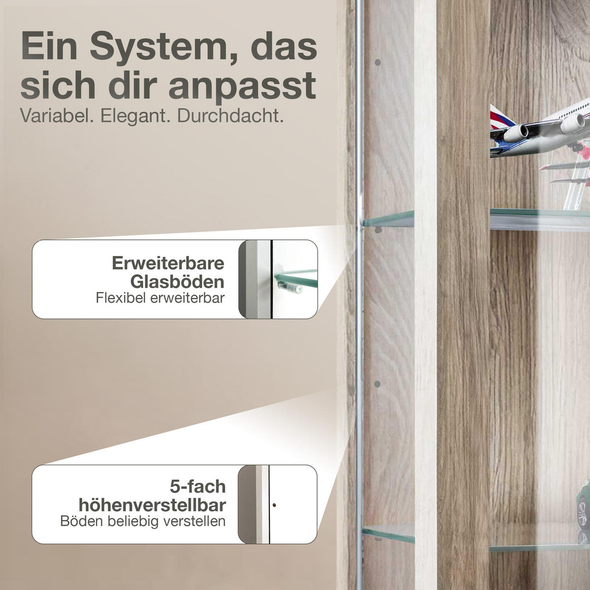 HÄNGEVITRINE 25/60/80 cm mit 2 höhenverstellbaren Glasböden - Transparent/Silberfarben, Glas/Holzwerkstoff (60/80/25cm) - K-Möbel