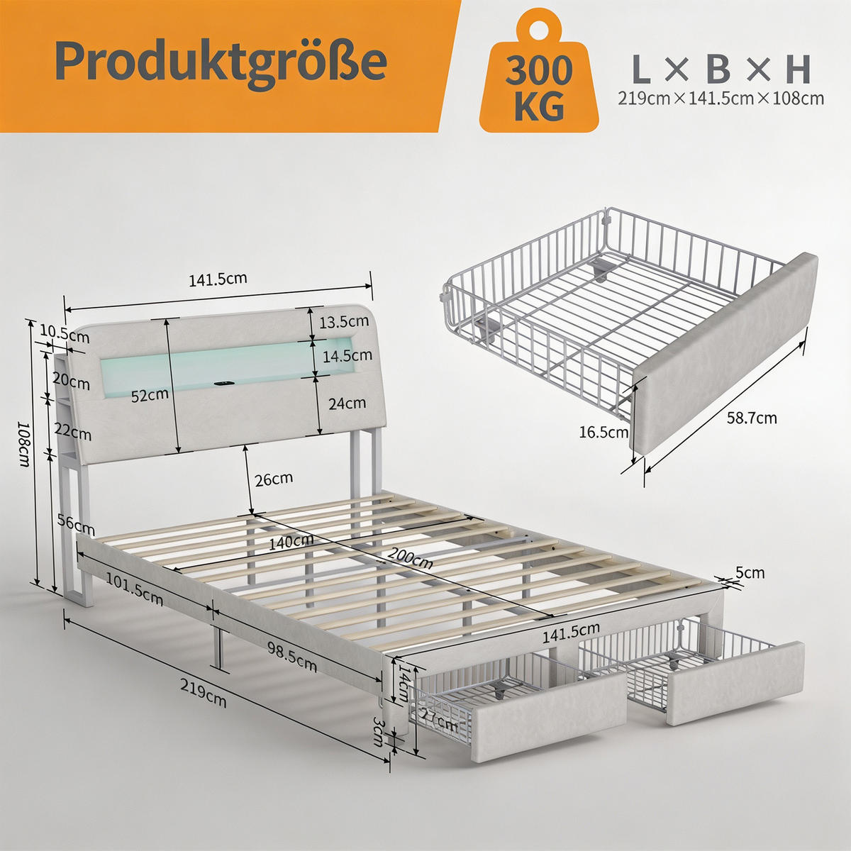 POLSTERBETT 140x200 cm, USB und LED, mit 2 Schubladen, Doppelbettrahmen 140x200 cm, Samt in Cremeweiß - Beige, Holzwerkstoff/Textil (140/200cm) - GENKI LIVING