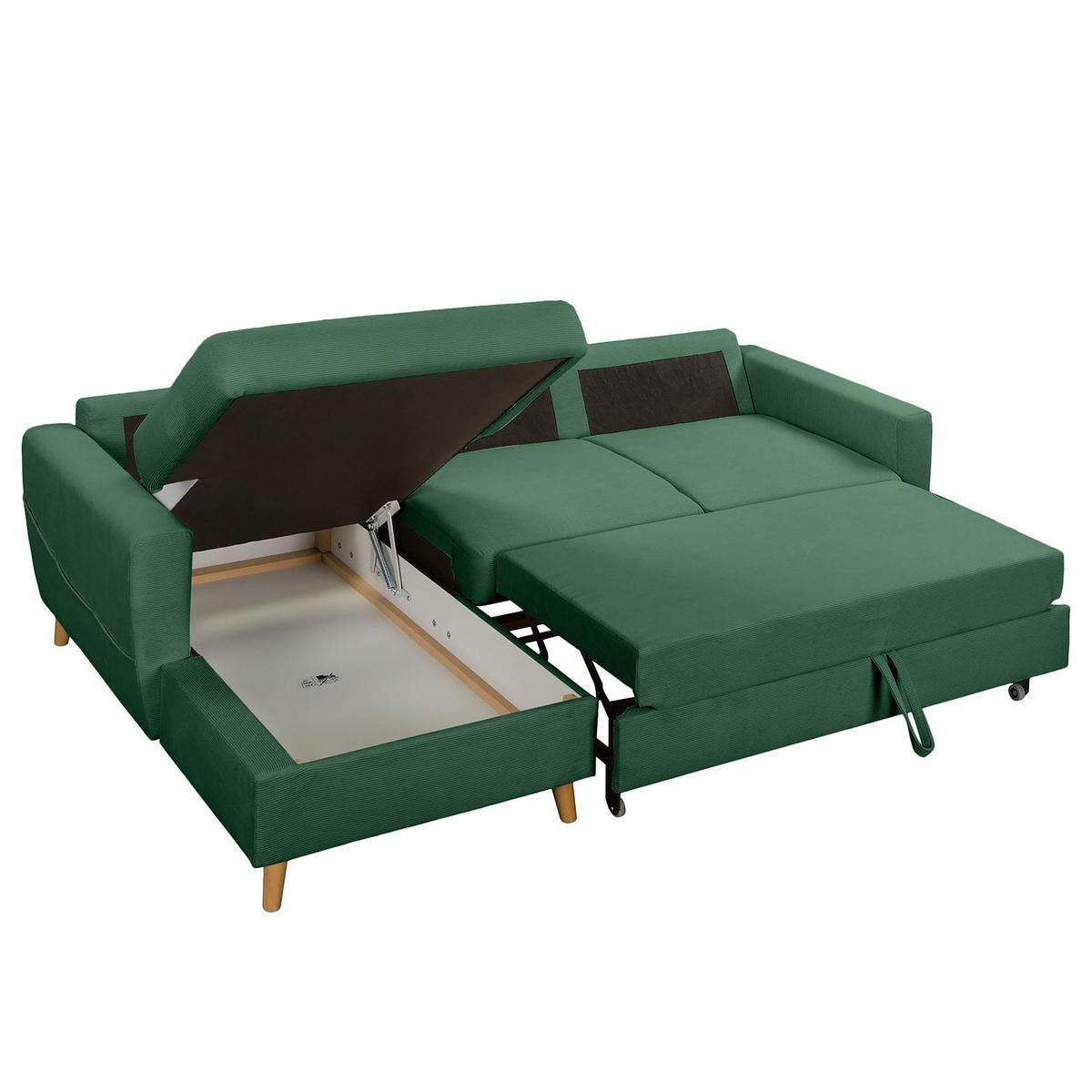 ECKSOFA mit Longchair - Waldgrün/Braun, Holz/Textil (223/148cm) - home24