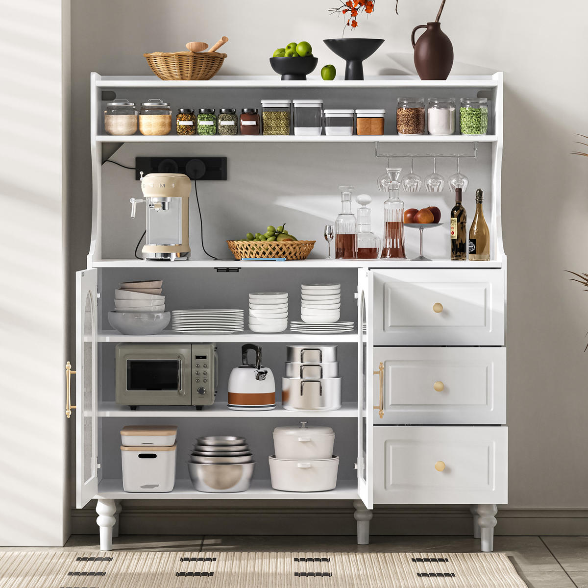 BUFFET in Weiß mit Weinglashaltern und Stauraum für Esszimmer und Küche, B120/T40/H138.5 cm - Transparent/Weiß, Glas/Holzwerkstoff (120/138.5/40cm) - STILVORA