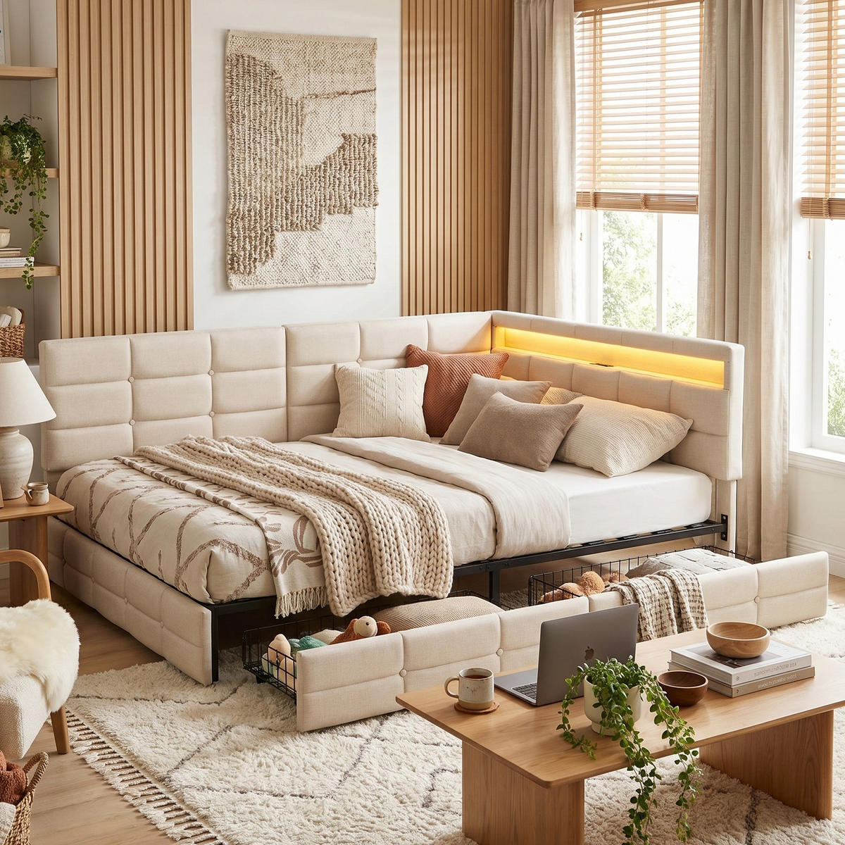 POLSTERBETT Reversibel 140/200 cm mit 2 Schubladen & RGB-LED Leinenoptik Beige - Beige, Textil (140/200cm) - Creahappy