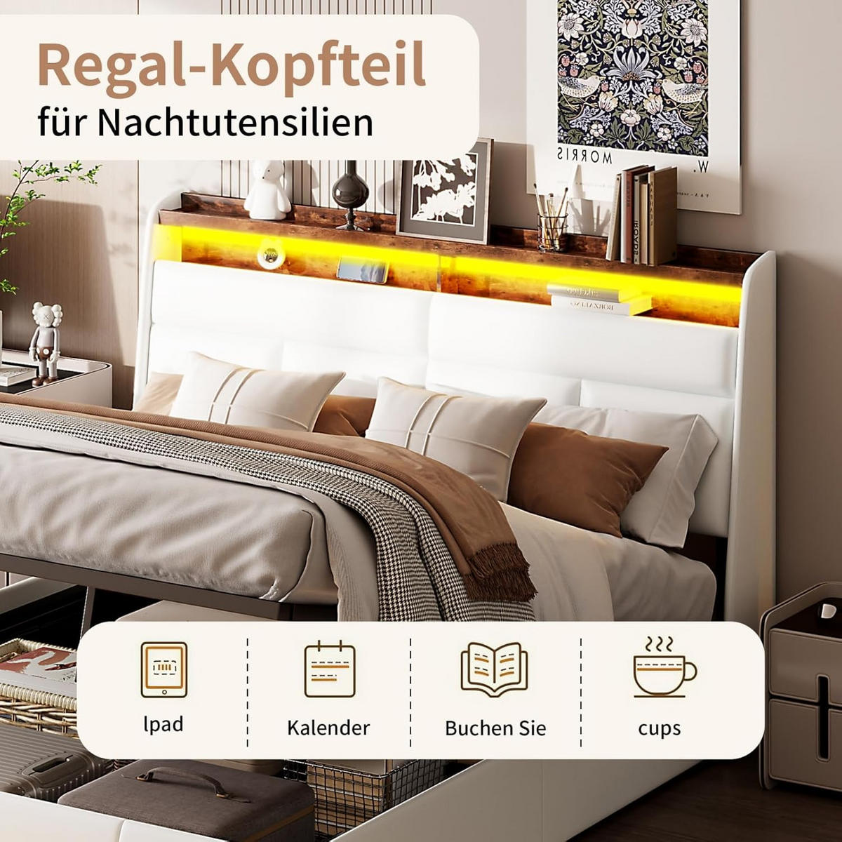 POLSTERBETT LED Stauraum Weiß 140/200 cm - Weiß, Holzwerkstoff - Kaket