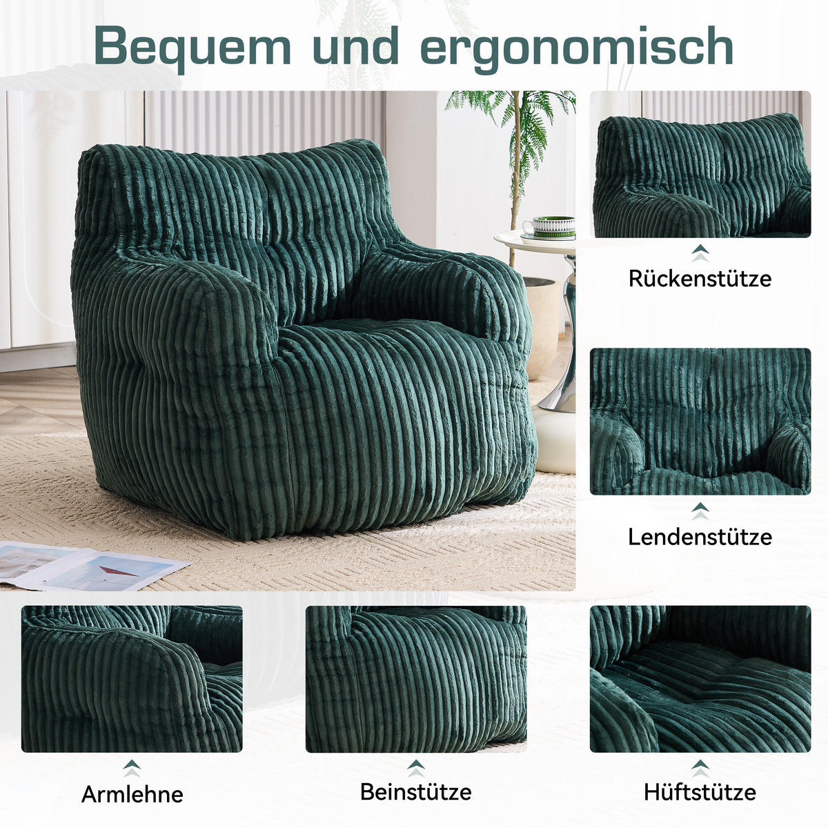 SESSEL weicher cord-stoff ergonomischer mit schaumstofffüllung - Grün, Textil (100/70/94cm) - Urban Meuble