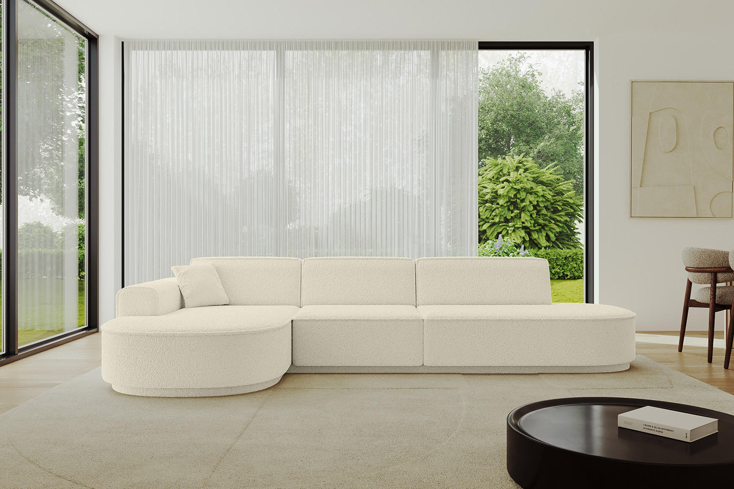 ECKSOFA Ottomane Links MARI-L2-v3 - 328x171x83 cm Beige Bouclé - Beige/Schwarz, Holzwerkstoff/Kunststoff (328/171cm) - ALTDECOR