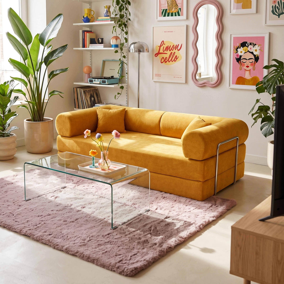 SCHLAFSOFA mit 2 Sitzplätzen, Gelb - Gelb, Textil (204/67/102cm) - Oviala