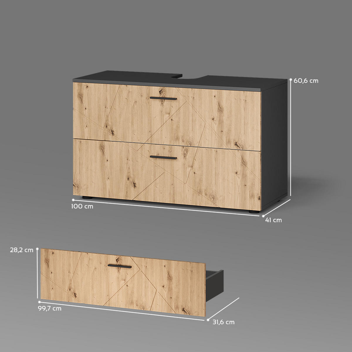 WASCHBECKENUNTERSCHRANK Ronco, Anthrazit/Artisan-Eiche, 100.1 x 60.6 cm mit 2 Schubladen - Anthrazit/Eiche Artisan, Holzwerkstoff (100.1/60.6/41cm) - Livinity®