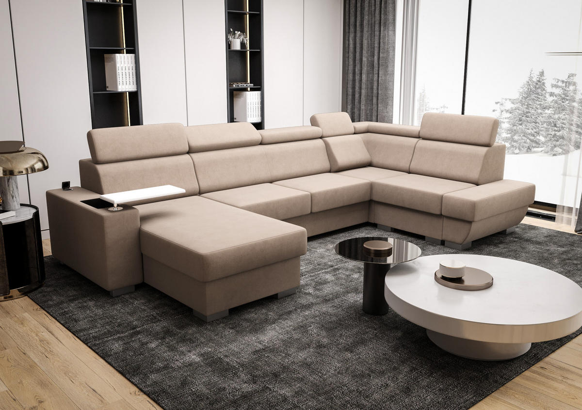 WOHNLANDSCHAFT KONGO RBN20, Eckcouch in U-Form mit Schlaffunktion, Farbe: Beige, Velourstoff, Ottomane Links - Beige, Textil (340/103/200cm) - O-Sofa