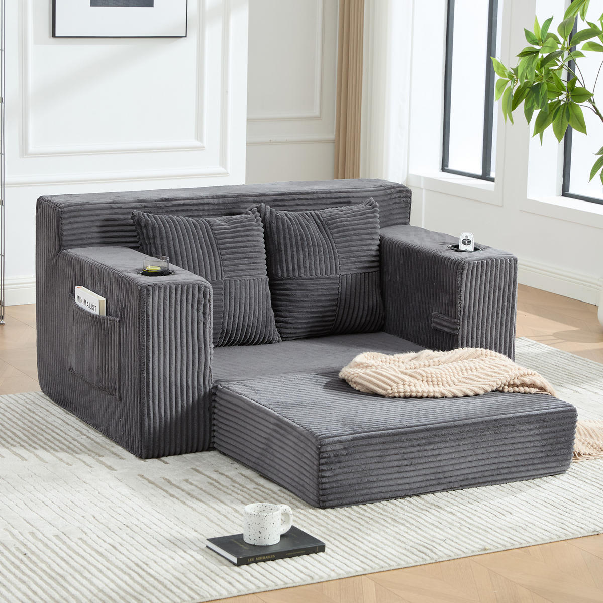 1,5-SITZER ausklappbar, Getränkehalter/Seitentasche, Cord, Grau - Grau, Textil (133/64/87cm) - LVHOM