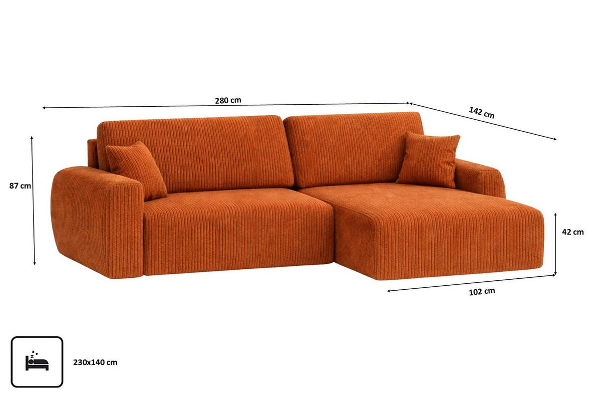 ECKSOFA Mit Schlaffunktion, Ariel XL, Cordstoff, Stoff Poso, Kupfer, Rechts - Orange, Holz (280/142cm) - Kaiser Möbel