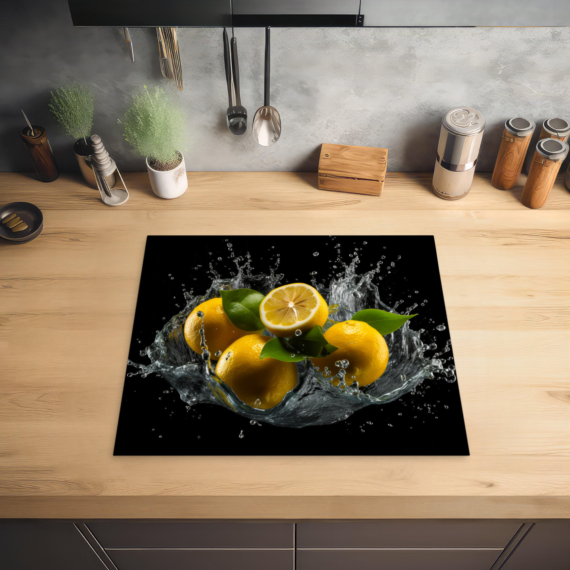 HERDABDECKPLATTE Zitrone - Obst - Gelb - Schwarz 58x51 cm - Gelb, Kunststoff (58.3/0.2/51.3cm) - MuchoWow