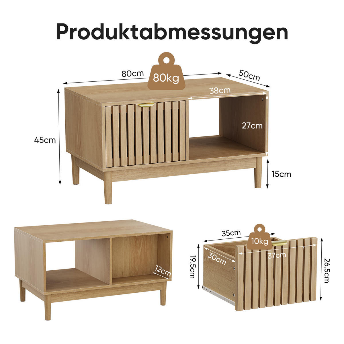 COUCHTISCH 80 cm Schublade Eiche Massivholz - Naturfarben, Holz (80/50/45cm) - Kaket