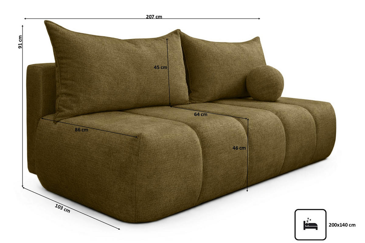 SOFA Mit Schlaffunktion Und Bettkasten, Veloursstoff Monolith, Olive, PIANO - Olivgrün, Holz (207/91/103cm) - Kaiser Möbel