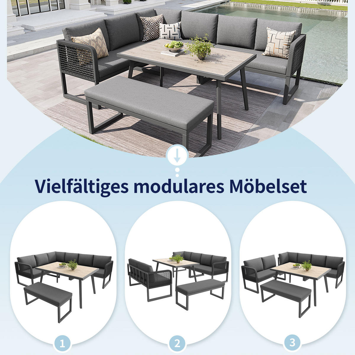 GARTENMÖBEL-SET mit Tisch 110/60/71 cm grau aus PE-Rattan mit Kissen - Grau, Metall - OKWISH