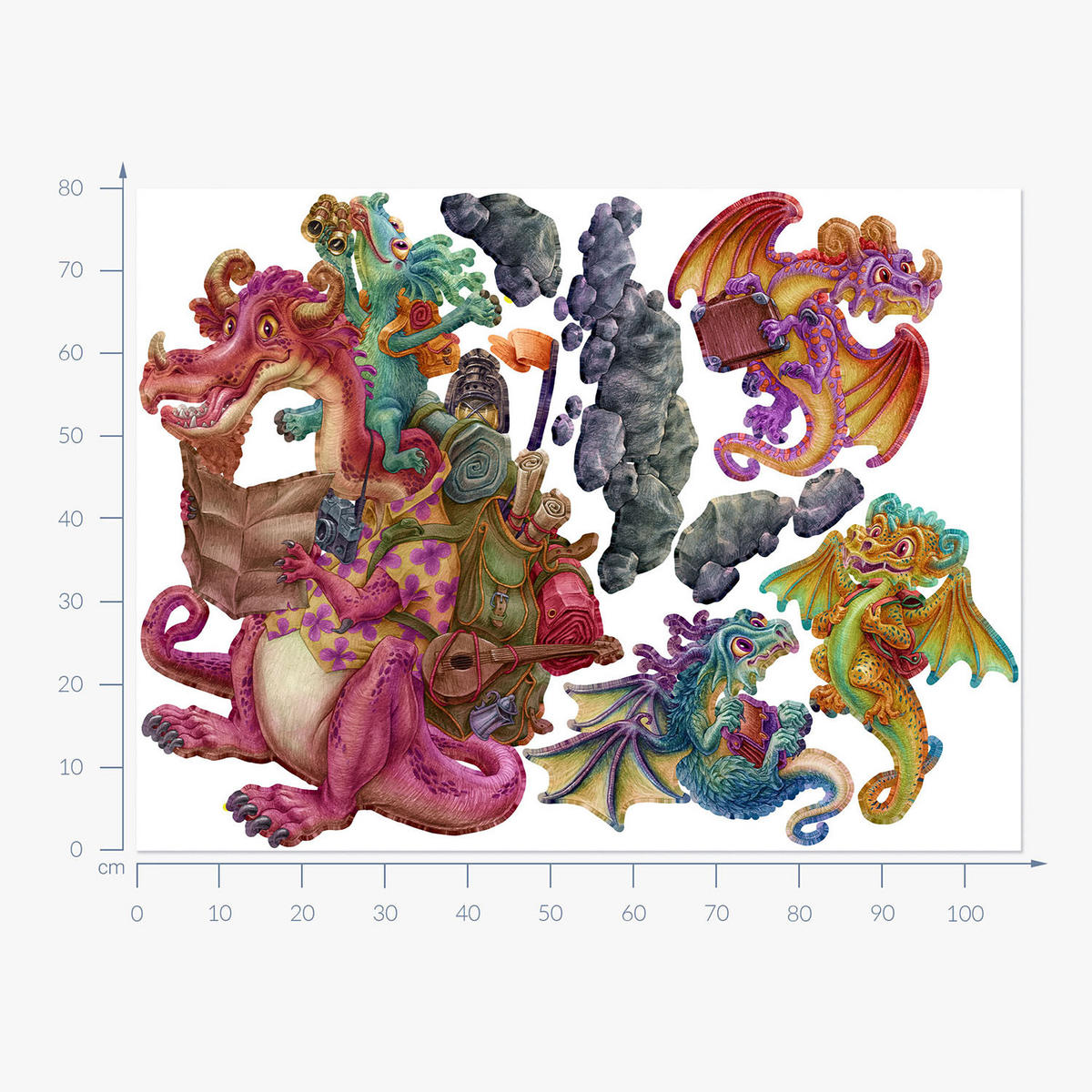 WANDAUFKLEBER 80x107cm - Drachen-Märchenfamilie - Multicolor, Kunststoff (80/107/0.1cm) - Wallfluent