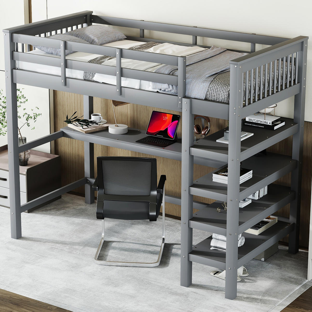 HOCHBETT 90/200 cm Grau mit Schreibtisch und Ablagefächern aus Kiefernholz MDF - Grau, Holzwerkstoff (90/200cm) - OKWISH