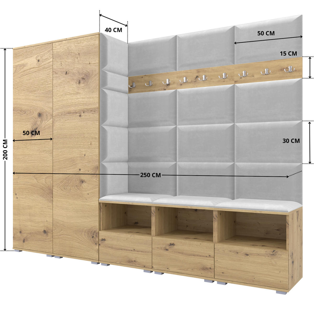 GARDEROBE NELA VII 250 cm (Modulare Flurmöbel XL Artisan Eiche mit Sitzpolster Hellgrau 32 2 Schränke) - Silberfarben/Hellgrau, Holz/Holzwerkstoff (250/187/40cm) - Ravio