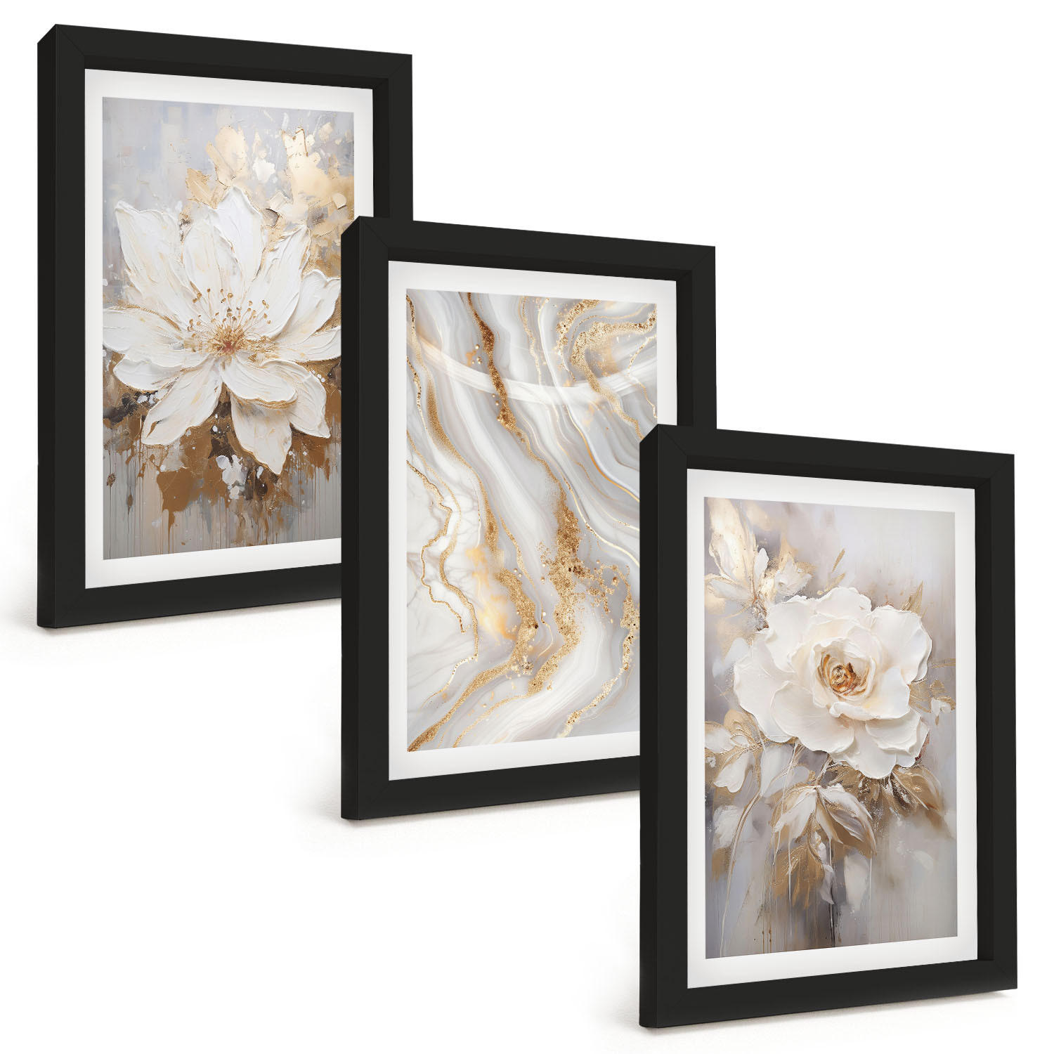 BILDER SET 3er Set - 20x30 cm Schwarzer Rahmen - Abstrakte Blumen aus Marmor - Schwarz, Kunststoff (20/30cm) - TULUP