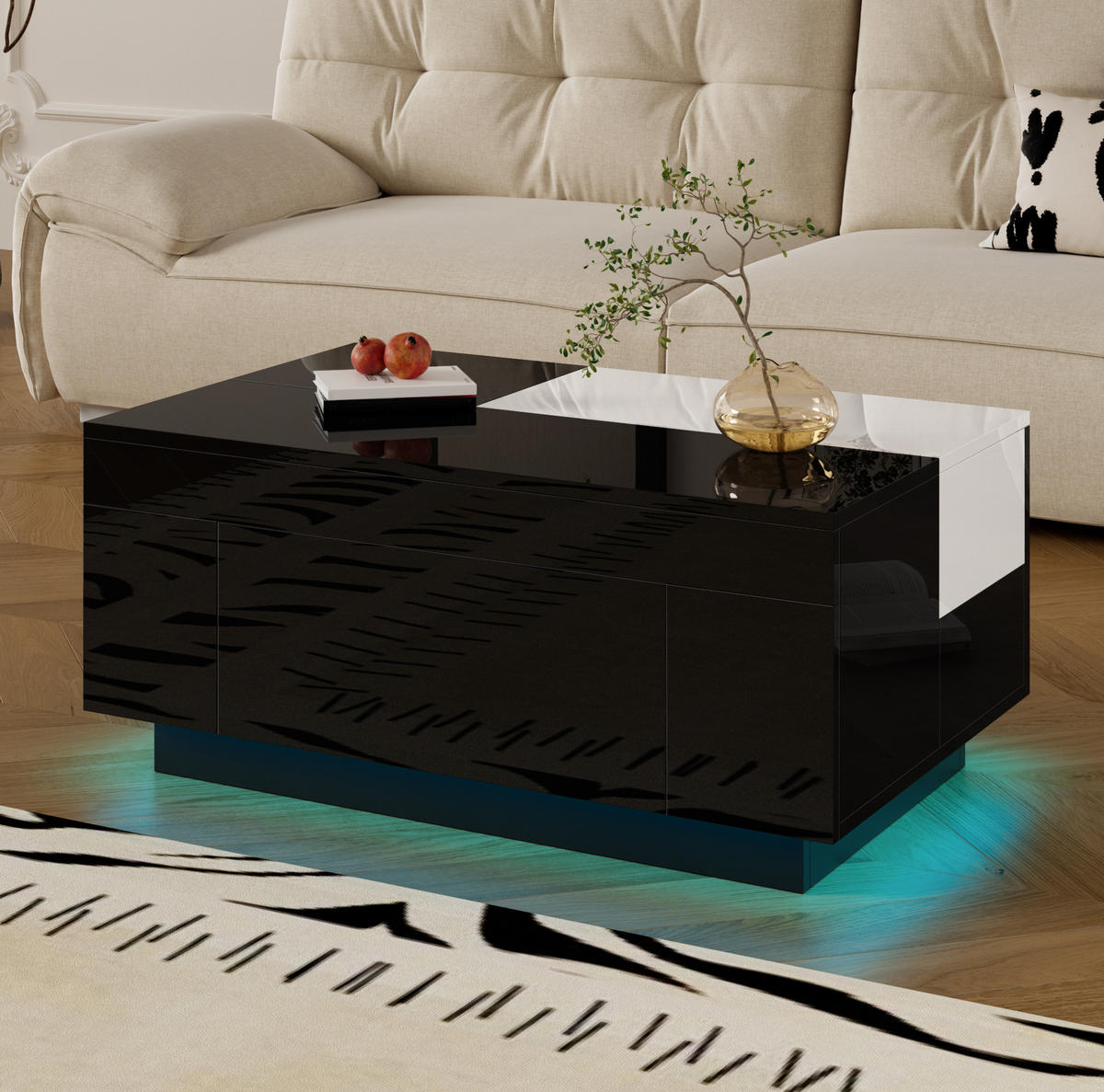 COUCHTISCH aus MDF 80x50x35,5 cm in Schwarz-Weiß mit LED-Beleuchtung - Schwarz, Holzwerkstoff (80/50/35.5cm) - Modfu