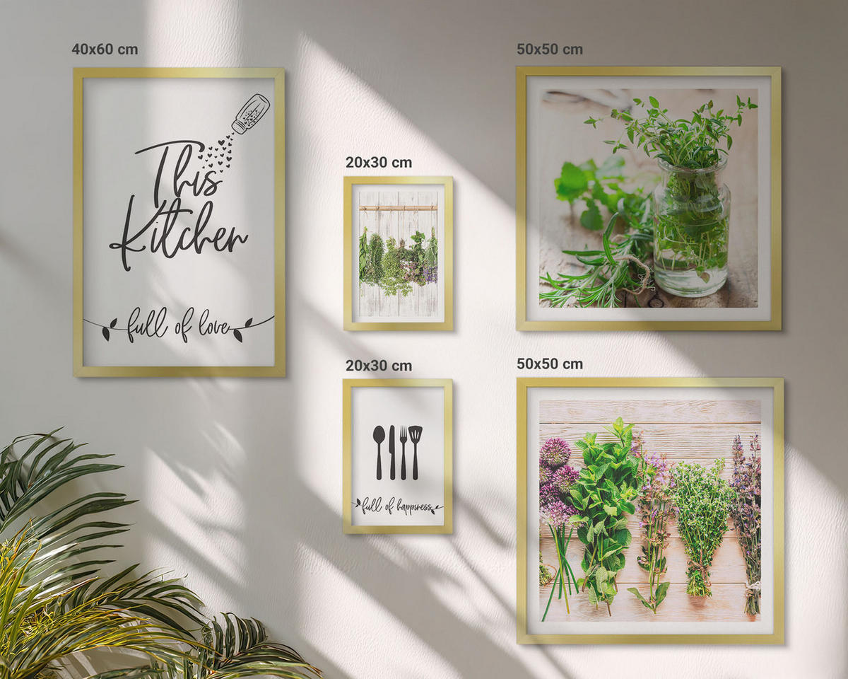 BILDER SET 5er Set - 50x50 cm & 20x30 cm & 40x60 cm Goldrahmen - Kräuterpflanzen zum Trocknen in der Küche - Goldfarben, Kunststoff (40/60cm) - TULUP