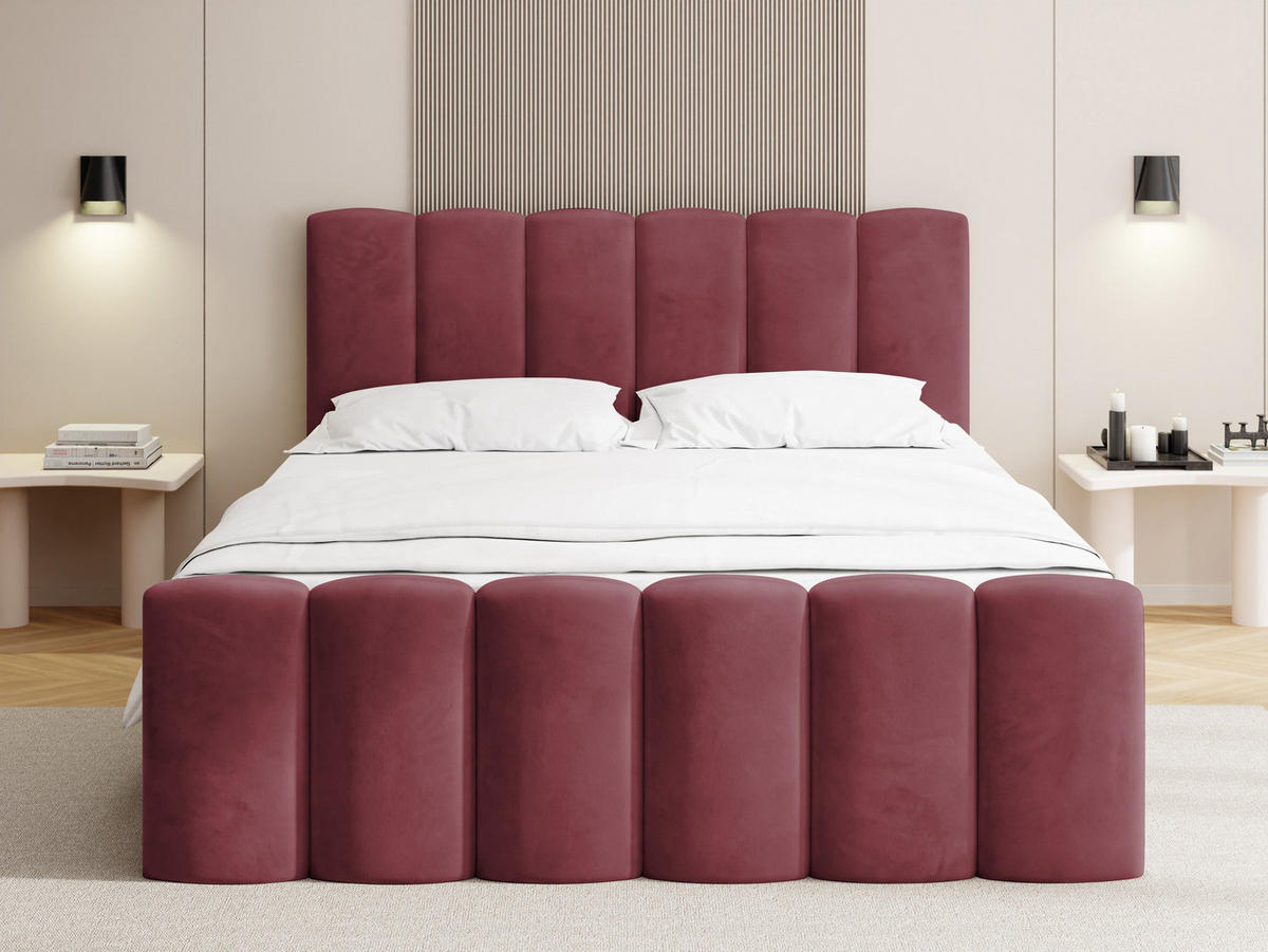 BOXBETT Serenity mit Bettkasten, Bordeaux Rot Samt 120x200 cm – inkl. H4 Taschenfederkern Matratze & Foam Topper - Bordeaux/Schwarz, Holz/Holzwerkstoff (120/200cm) - WFL GROUP