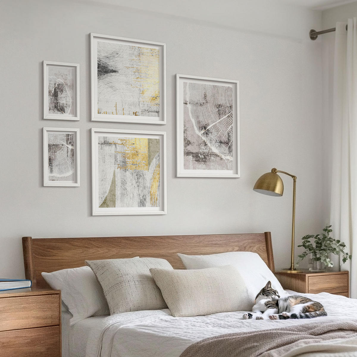 WANDBILDER 5er-Set - 50x50 cm & 20x30 cm & 40x60 cm Weißer Rahmen - Beige abstrakte Formen Linien - Weiß, Kunststoff (40/60cm) - ArtPrintCave