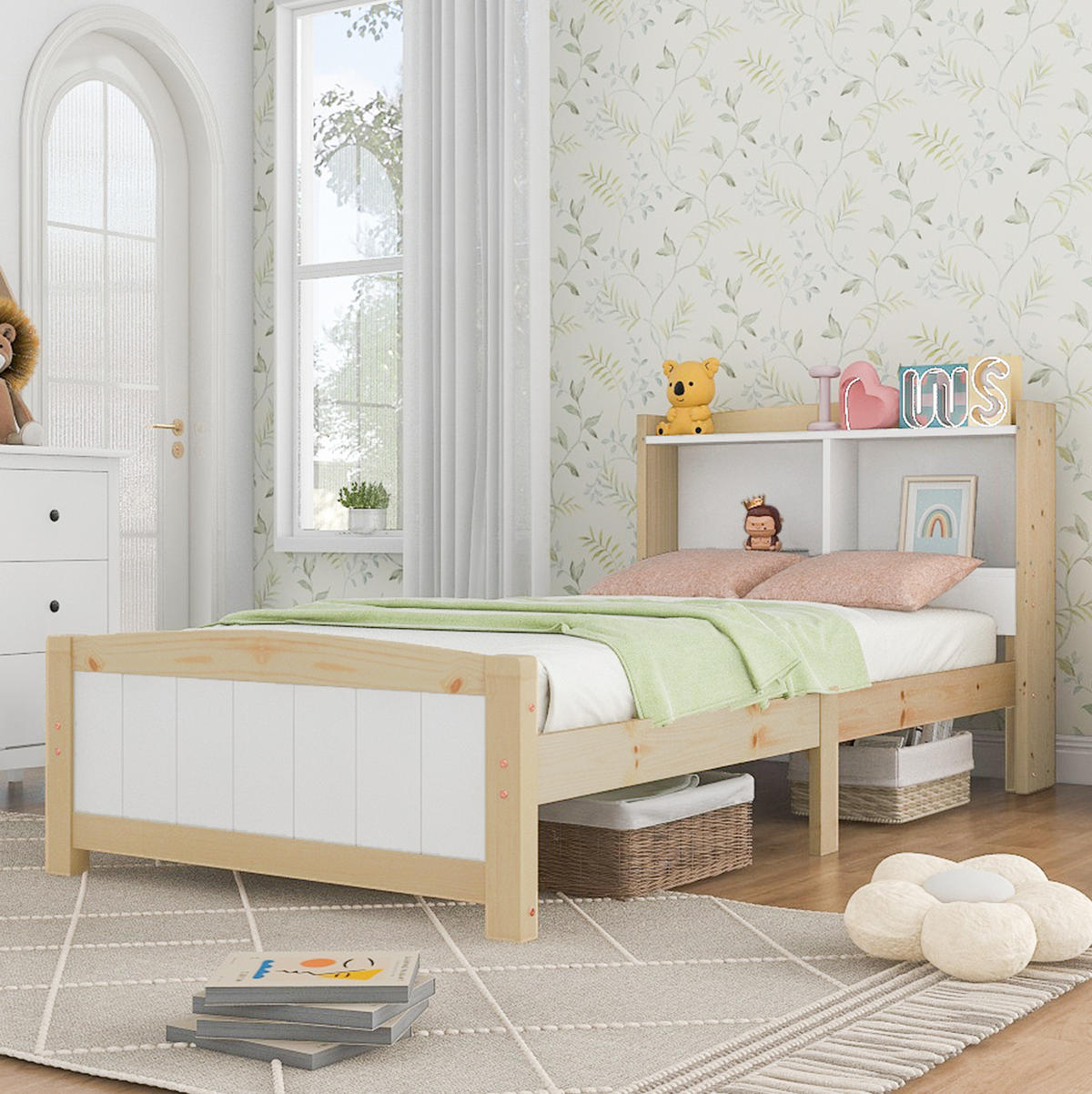EINZELBETT aus Massivholz und MDF 90x200 cm Weiß mit Stauraum-Kopfteil und Lattenrost - Weiß, Holz (90/200cm) - IVMEU