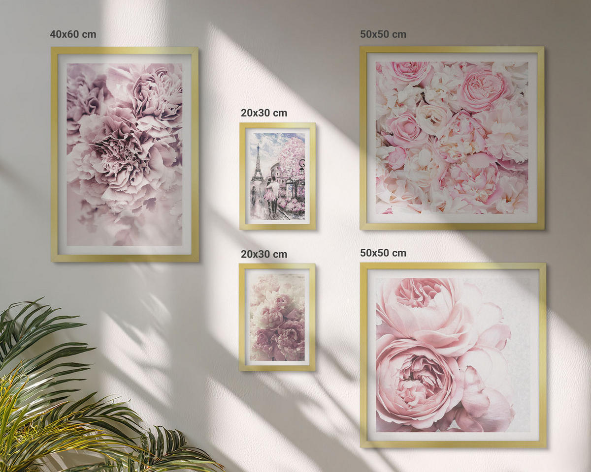 WANDBILDER 5er Set - 50x50 cm & 20x30 cm & 40x60 cm Goldrahmen - Rosa Blumen, romantische Landschaft - Goldfarben, Kunststoff (40/60cm) - ArtPrintCave