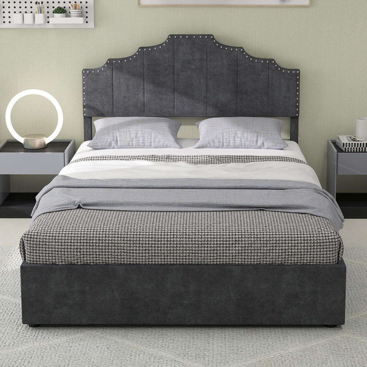 POLSTERBETT 160/200 cm grau aus Stoff und Metall mit Stauraum - Grau, Textil (160/200cm) - OKWISH