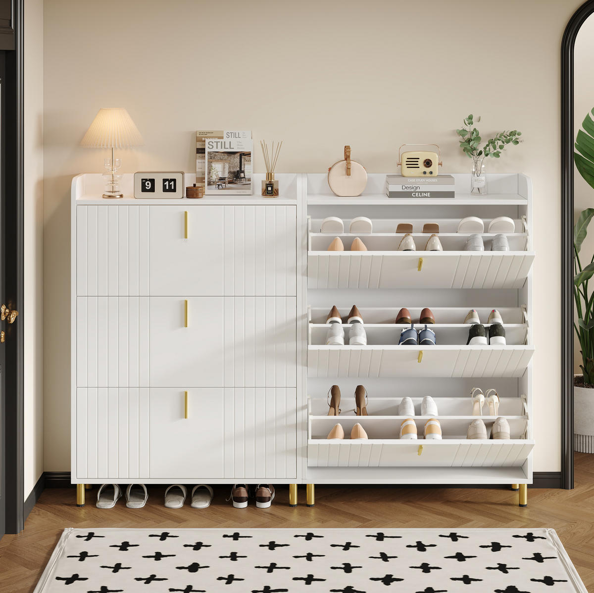 SCHUHSCHRANK aus MDF 80x23x123,5cm in Weiß mit 3 Klappen - Weiß, Holzwerkstoff (80/123.5/23cm) - Modfu