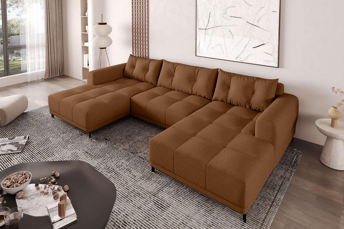 WOHNLANDSCHAFT Strukturstoff Rostfarben inkl. Schlaffunktion - Rostfarben/Schwarz, Textil/Metall (348/94/181cm) - 99rooms