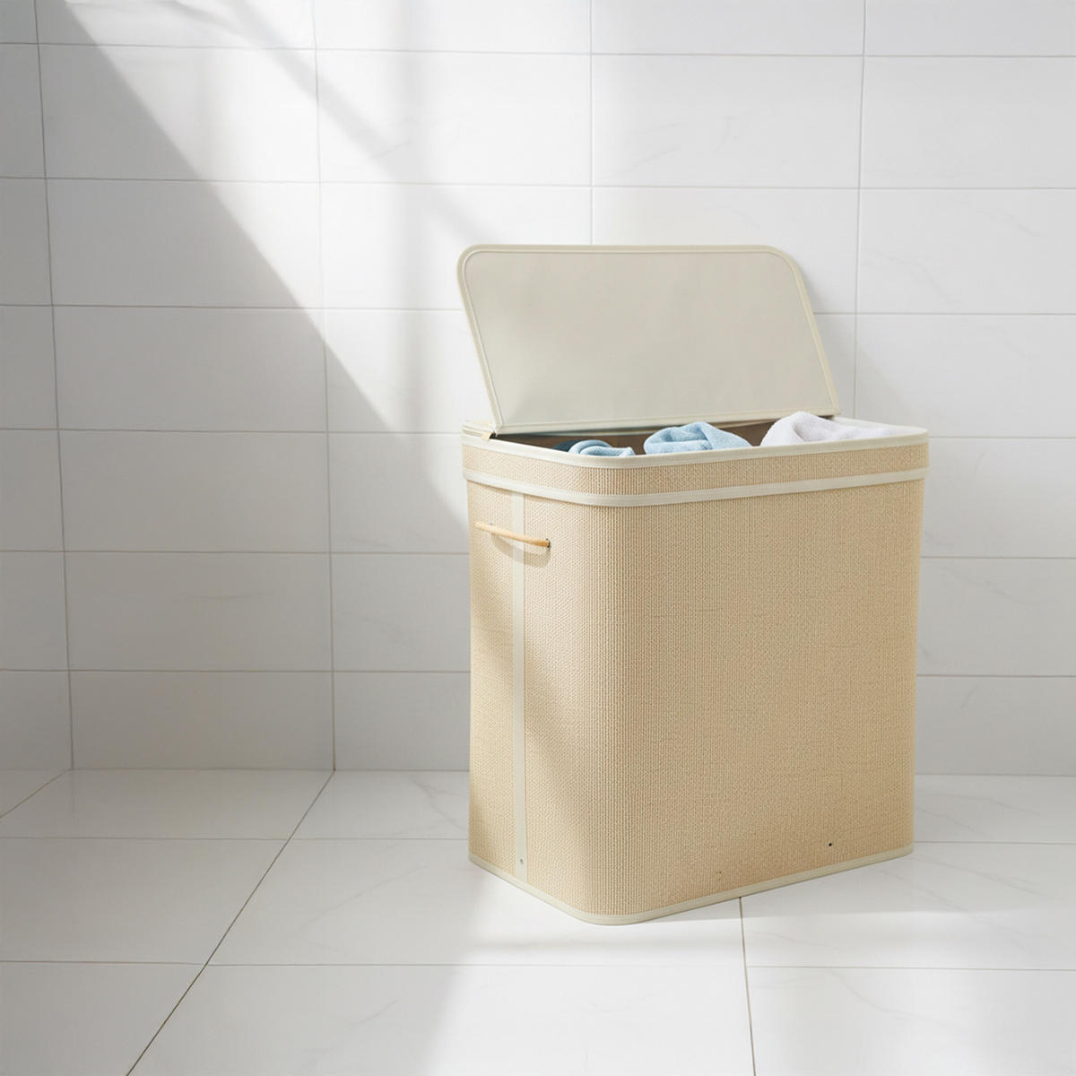 KÔŠ na prádlo - svetlohnedá, drevo/kompozitné drevo (39/58/61cm) - Relaxdays